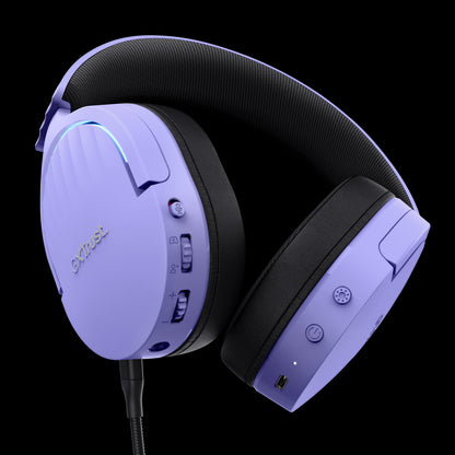 Trust GXT491 Fayzo Auriculares Gaming Bluetooth, USB 2.4Ghz - Iluminacion RGB - Microfono Extraible - Diadema Ajustable - Autonomia hasta 22h - Controles de Facil Acceso - Color Morado 1 pieza(s)