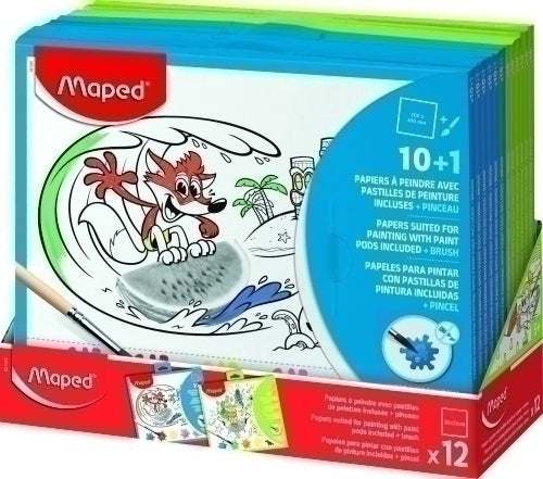 Maped - MAPED 10 PAPELES PARA PINTAR CON PASTILLAS DE PINTURA + PINCEL COLORES SURTIDOS