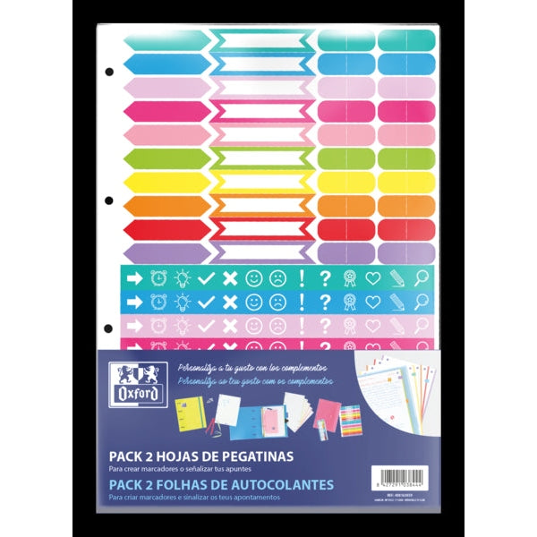 Oxford Pack de 2 Hojas de Stickers - Diseño Variado - Adhesivo de Alta Calidad - Ideal para Decorar Cuadernos (Precio unidad suelta)