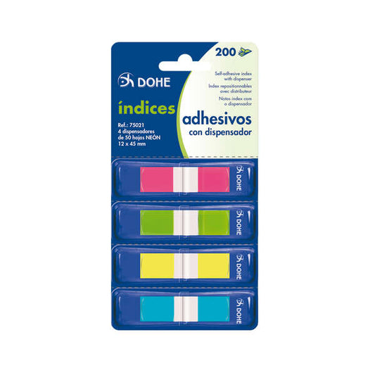 Dohe Pack de 4 Mini-Indices Adhesivos Reposicionables de 50uds cada Uno - Medidas 12x45mm - Dispensador con 4 Colores - Ideal para Oficina y Escuela - Colores Surtidos 1 pieza(s)