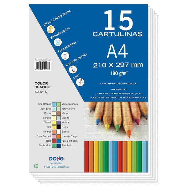 Dohe Pack de 15 Cartulinas A4 - 21x29.7cm - Gramaje de 180g - Color Blanco 1 pieza(s)