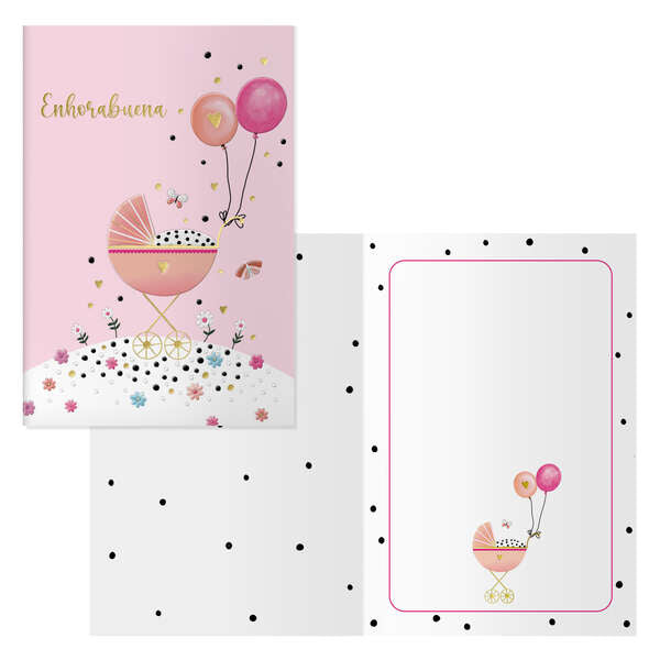 Dohe Cochecito Pack de 6 Tarjetas de Felicitacion para Nacimientos - 11.5x17cm - Impresas a Todo Color - Estampaciones con Pelicula de Color - Estampacion en Seco - Papel Offset Blanco de 300gr - Incluye Sobre de Color 1 pieza(s)