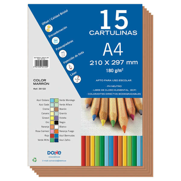 Dohe Paquete de 15 Hojas de Cartulinas A4 - Gramaje de 180g - Colores Variados - Ideal para Manualidades y Proyectos Escolares 1 pieza(s)