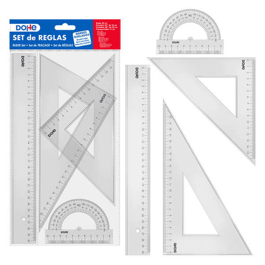 Dohe Set de Reglas - Regla, Escuadra, Cartabon y Transportador - Plastico Inyectado Transparente Cristal - Cantos Biselados y con Reborde 1 pieza(s)