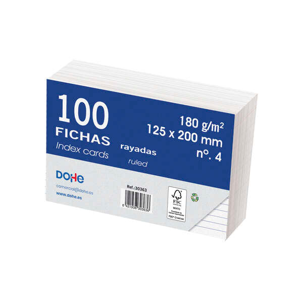 Dohe Fichas de Cartulina Offset Blanca - 180g - Rayadas - Paquete de 100 Fichas 1 pieza(s)