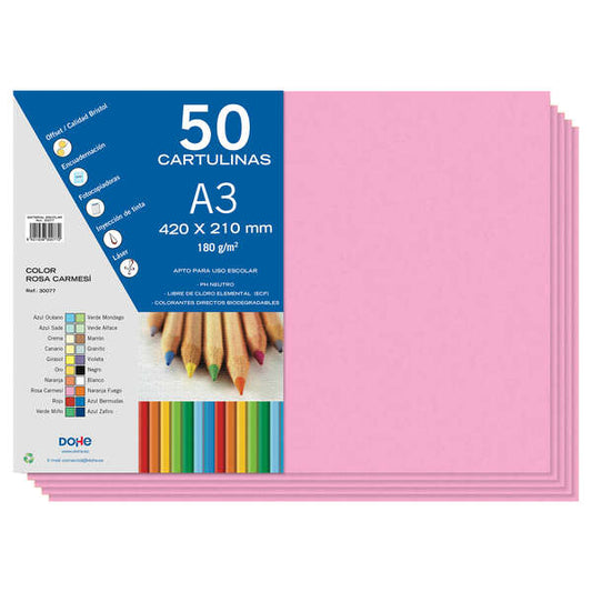 Dohe Cartulinas A3 - 50 Hojas - Gramaje de 180g - Ideal para Manualidades - Color Rosa 1 pieza(s)