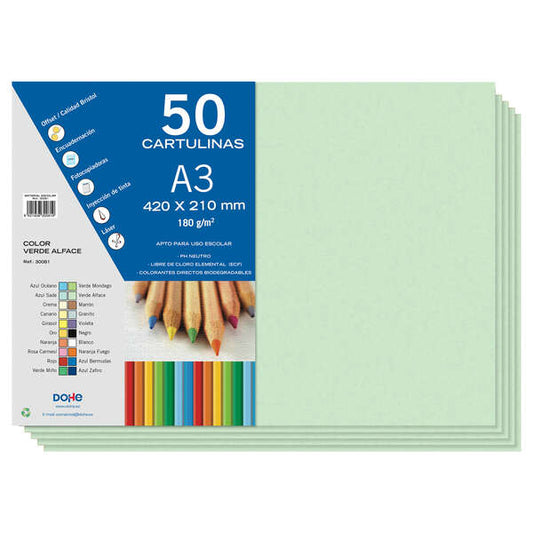 Dohe Cartulinas A3 - 50 Hojas - Gramaje de 180g - Ideal para Manualidades y Proyectos Escolares - Color Verde 1 pieza(s)