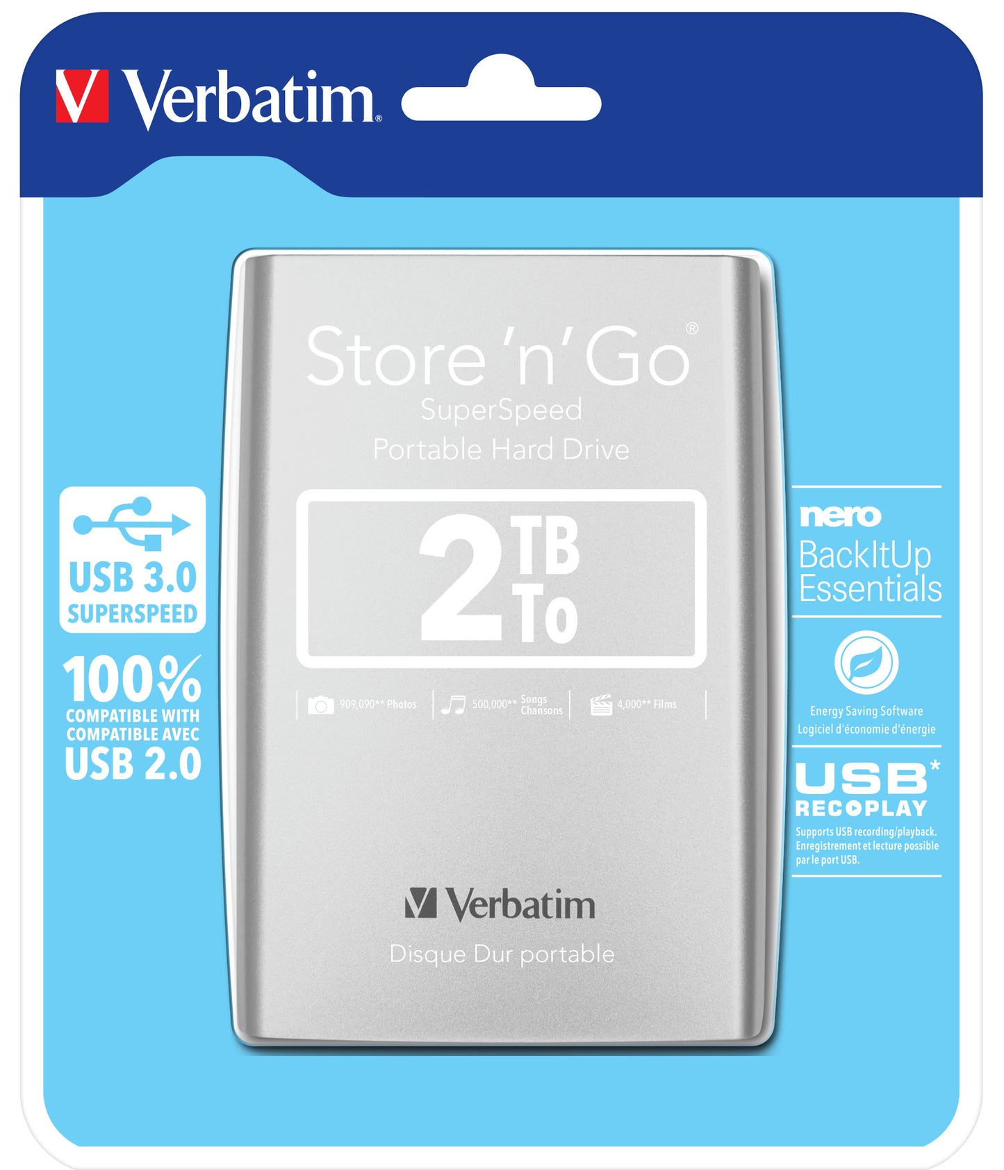 Verbatim - Disco Duro Portátil Store 'n' Go USB 3.0 de 2 TB en color Plateado