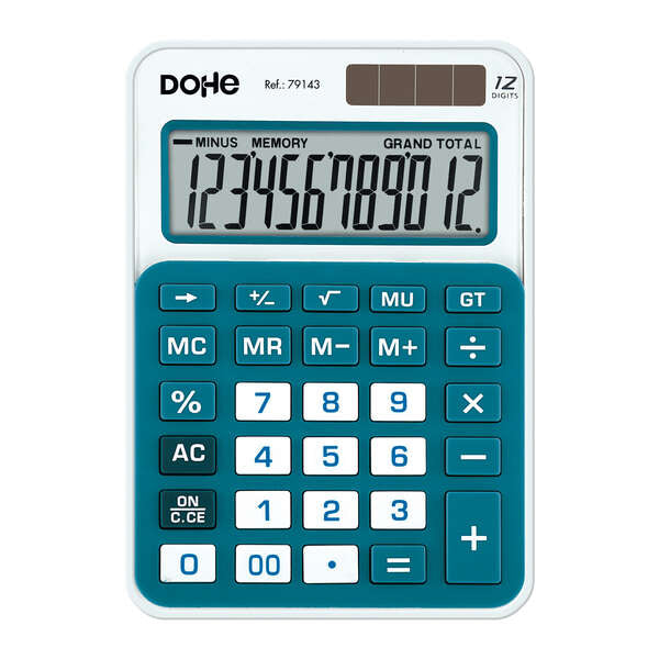 Dohe Calculadora de Sobremesa Mediana 12 Digitos - Teclas de Gran Formato - 4 Teclas de Memoria - Apagado Automatico - Alimentacion Solar y Pilas - Color Blanco/Azul 1 pieza(s)