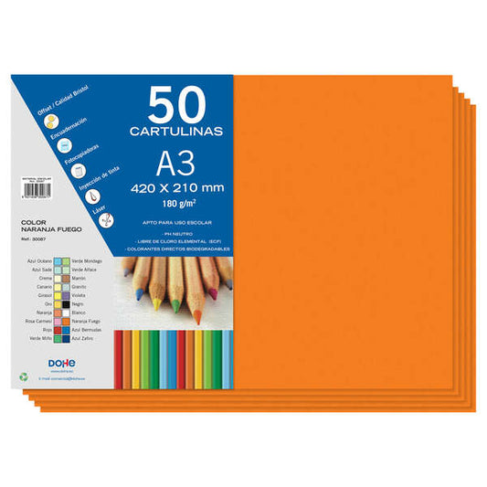 Dohe Cartulinas A3 - 50 Hojas - Gramaje de 180g - Ideal para Manualidades y Proyectos Escolares - Color Naranja 1 pieza(s)