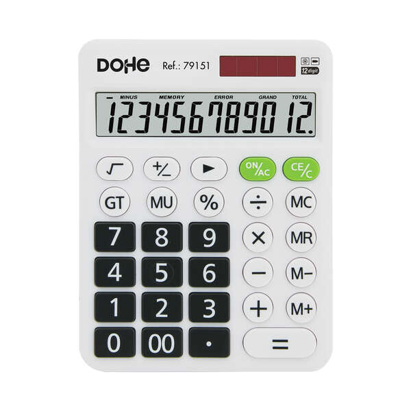 Dohe Calculadora Electronica de 12 Digitos - Pantalla Reclinada - Alimentacion Solar y a Pilar - Apagado Automatico - Teclas de Gran Formato - Funciones Avanzadas - Resistente Plastico 1 pieza(s)