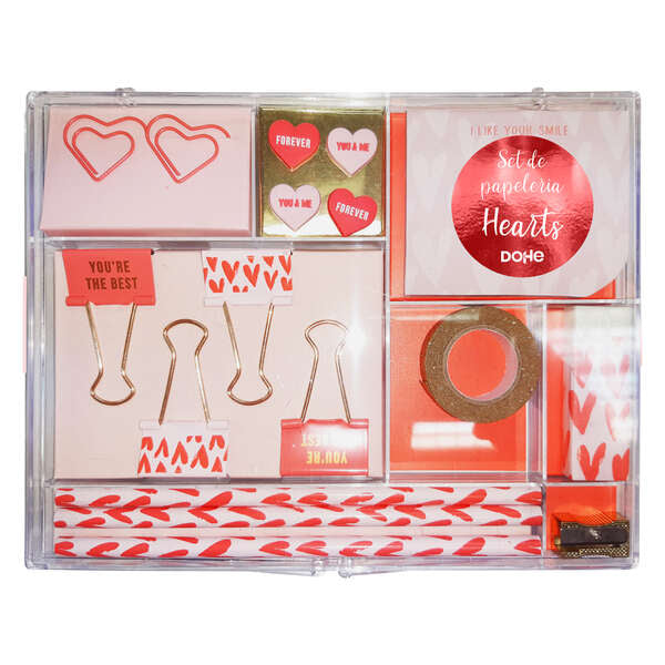 Dohe Set de Papeleria de Regalo - Incluye Bloc de Notas 80 Hojas 80x65mm - Clips con Forma 36x28mm - Pinzas 32mm - Push Pins 18.3x12mm - Lapiceros - Afilalapices Metalico - Goma de Borrar Blanca 1 pieza(s)