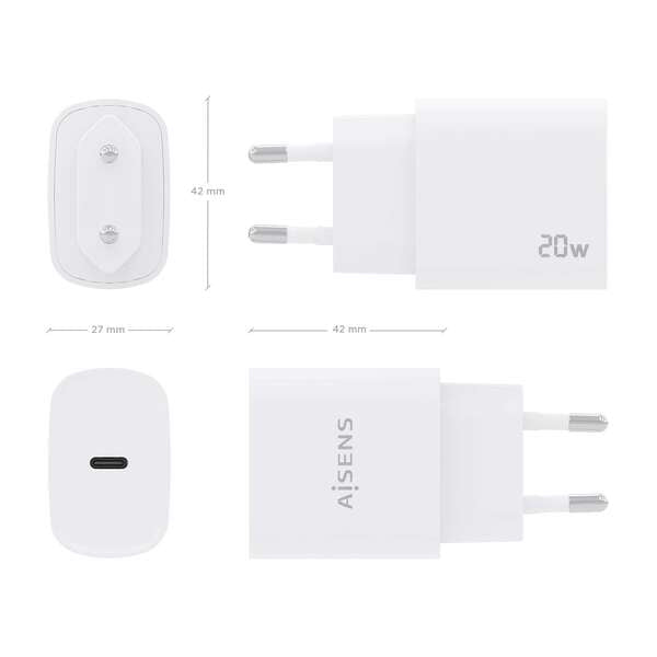 AISENS - Cargador USB-C PD3.0 1 Puerto 1xUSB-C 20W  Blanco