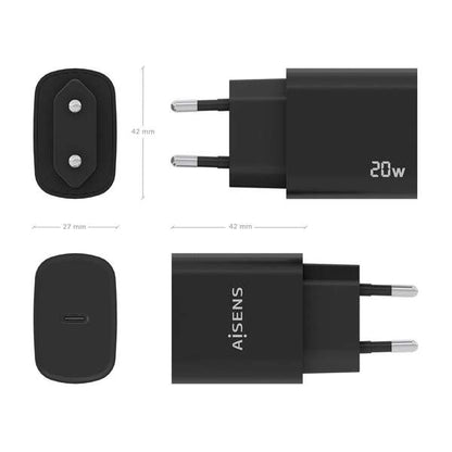 AISENS - Cargador USB-C PD3.0 1 Puerto 1xUSB-C 20W  Negro