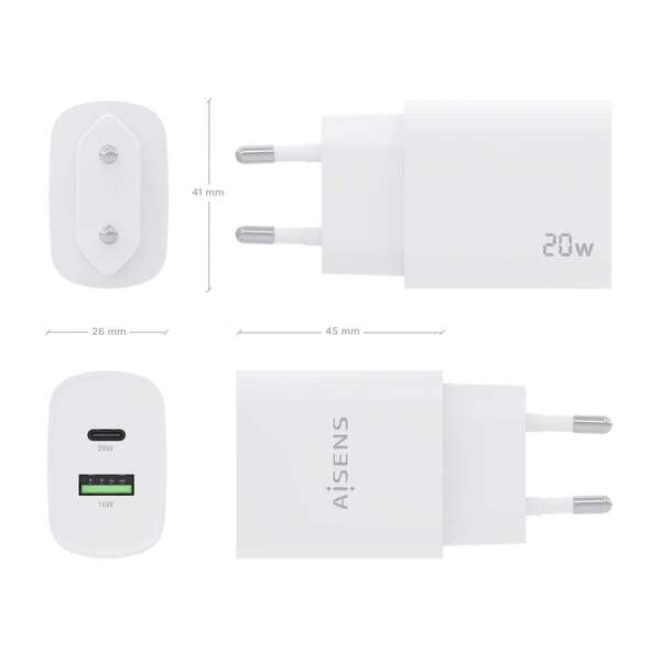 Aisens Cargador 20W - 1xUSB-C PD3.0 - 1xUSB-A QC3.0 - Color Blanco 1 pieza(s)