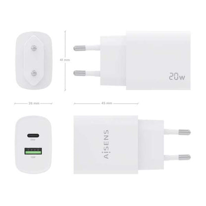 Aisens Cargador 20W - 1xUSB-C PD3.0 - 1xUSB-A QC3.0 - Color Blanco 1 pieza(s)