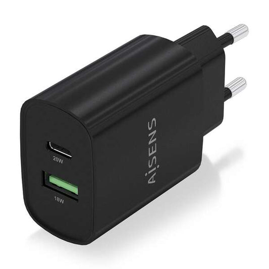 Aisens Cargador 20W - 1xUSB-C PD3.0 - 1xUSB-A QC3.0 - Color Negro 1 pieza(s)