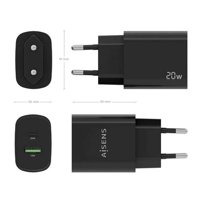 Aisens Cargador 20W - 1xUSB-C PD3.0 - 1xUSB-A QC3.0 - Color Negro 1 pieza(s)