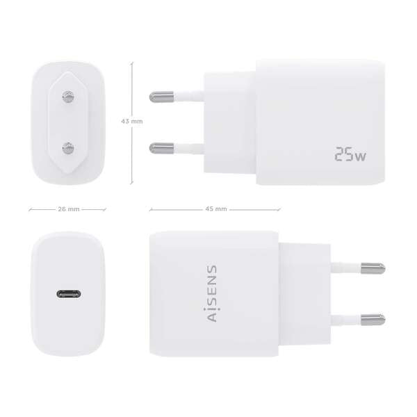 AISENS - Cargador USB-C PD3.0 1 Puerto 1xUSB-C 25W  Blanco