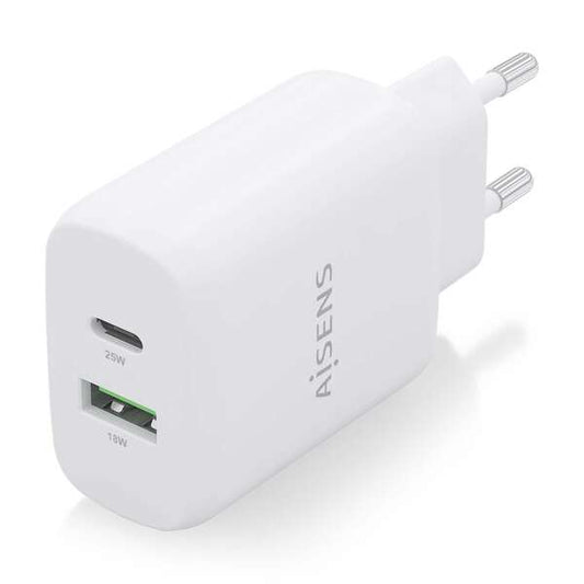 AISENS - Cargador 25W  1xUSB-C PD3.0  1xUSB-A QC3.0  Blanco