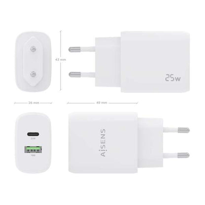 AISENS - Cargador 25W  1xUSB-C PD3.0  1xUSB-A QC3.0  Blanco