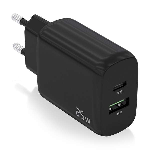 AISENS - Cargador 25W  1xUSB-C PD3.0  1xUSB-A QC3.0  Negro