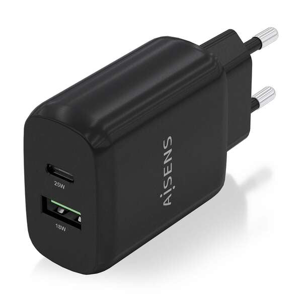 AISENS - Cargador 25W  1xUSB-C PD3.0  1xUSB-A QC3.0  Negro