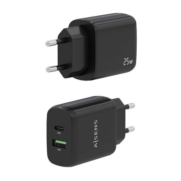 AISENS - Cargador 25W  1xUSB-C PD3.0  1xUSB-A QC3.0  Negro