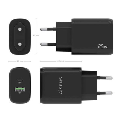 AISENS - Cargador 25W  1xUSB-C PD3.0  1xUSB-A QC3.0  Negro