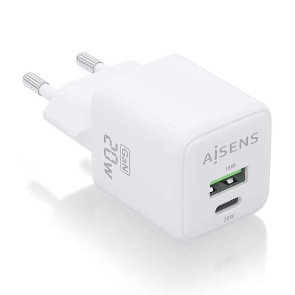 AISENS - Cargador GaN 20W  1xUSB-C PD3.0 QC4.0  1xUSB-A QC3.0  Blanco