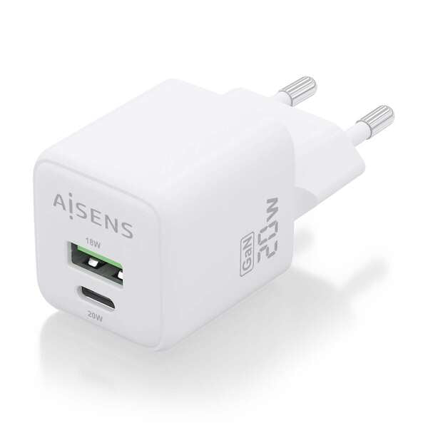 AISENS - Cargador GaN 20W  1xUSB-C PD3.0 QC4.0  1xUSB-A QC3.0  Blanco