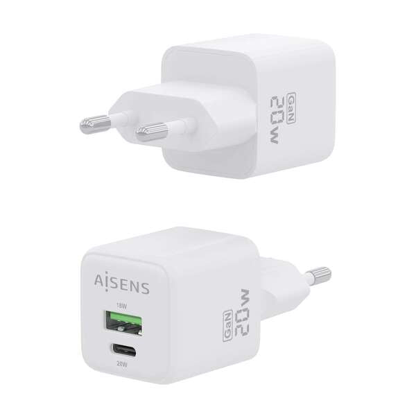 AISENS - Cargador GaN 20W  1xUSB-C PD3.0 QC4.0  1xUSB-A QC3.0  Blanco