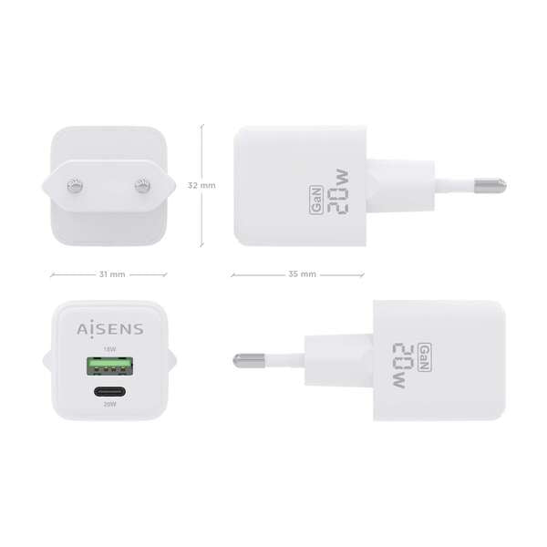 AISENS - Cargador GaN 20W  1xUSB-C PD3.0 QC4.0  1xUSB-A QC3.0  Blanco