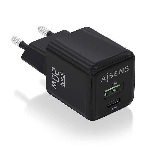 AISENS - Cargador GaN 20W  1xUSB-C PD3.0 QC4.0  1xUSB-A QC3.0  Negro