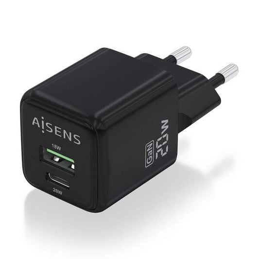 AISENS - Cargador GaN 20W  1xUSB-C PD3.0 QC4.0  1xUSB-A QC3.0  Negro