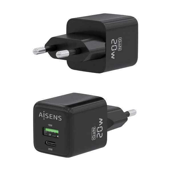 AISENS - Cargador GaN 20W  1xUSB-C PD3.0 QC4.0  1xUSB-A QC3.0  Negro