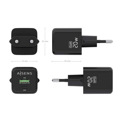 AISENS - Cargador GaN 20W  1xUSB-C PD3.0 QC4.0  1xUSB-A QC3.0  Negro