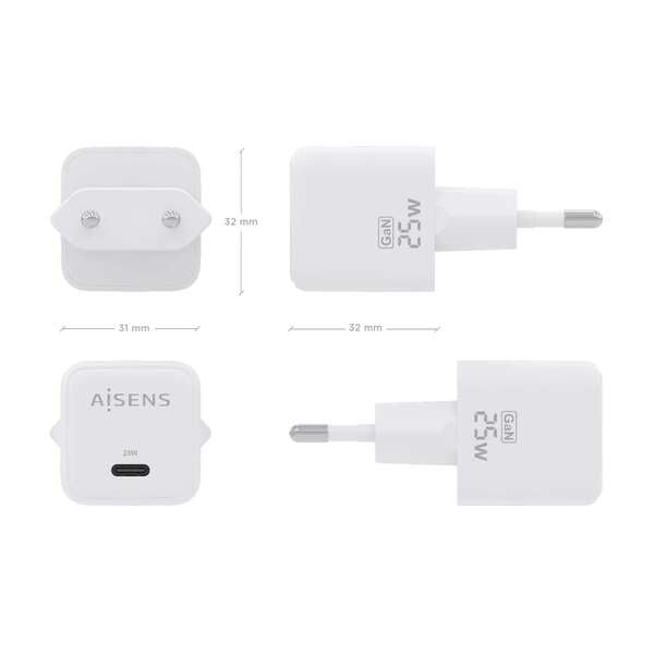 AISENS - Cargador GaN 25W  1xUSB-C PD3.0 QC4.0  Blanco