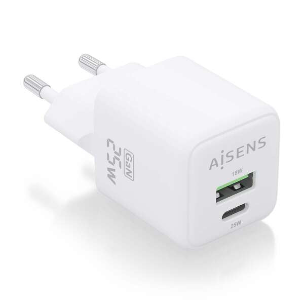 AISENS - Cargador GaN 25W  1xUSB-C PD3.0 QC4.0  1xUSB-A QC3.0  Blanco