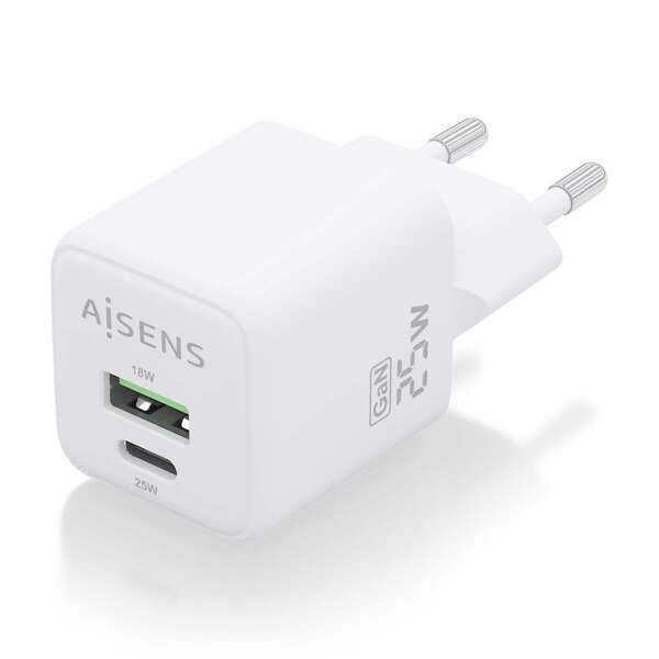 AISENS - Cargador GaN 25W  1xUSB-C PD3.0 QC4.0  1xUSB-A QC3.0  Blanco