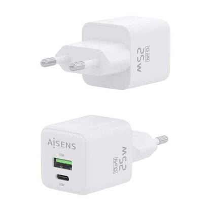 AISENS - Cargador GaN 25W  1xUSB-C PD3.0 QC4.0  1xUSB-A QC3.0  Blanco