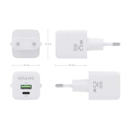 AISENS - Cargador GaN 25W  1xUSB-C PD3.0 QC4.0  1xUSB-A QC3.0  Blanco