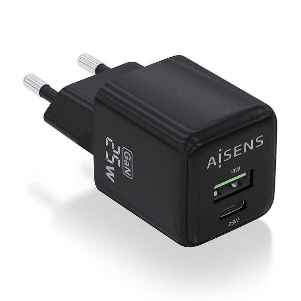 AISENS - Cargador GaN 25W  1xUSB-C PD3.0 QC4.0  1xUSB-A QC3.0  Negro