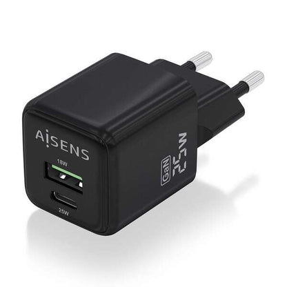 AISENS - Cargador GaN 25W  1xUSB-C PD3.0 QC4.0  1xUSB-A QC3.0  Negro