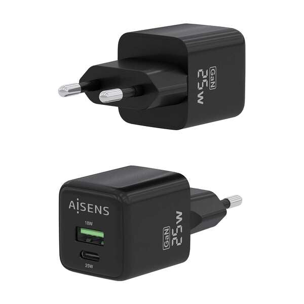 AISENS - Cargador GaN 25W  1xUSB-C PD3.0 QC4.0  1xUSB-A QC3.0  Negro