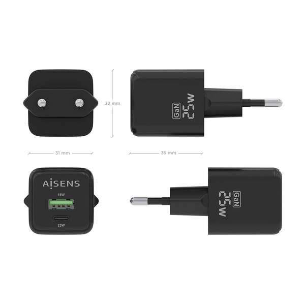 AISENS - Cargador GaN 25W  1xUSB-C PD3.0 QC4.0  1xUSB-A QC3.0  Negro