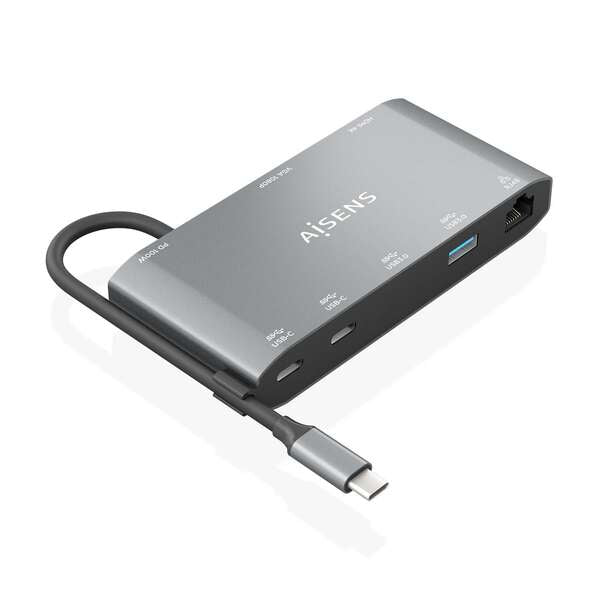 AISENS - USB-C Dock 8 en 1  USB-C a 1xHDMI  1xVGA  1xRJ45  2xUSB-A  2xUSB-C 5G  1xUSB-C PD  Gris  20 cm