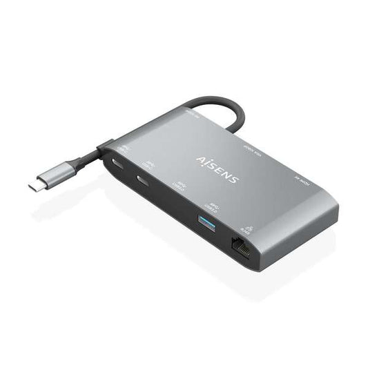 AISENS - USB-C Dock 8 en 1  USB-C a 1xHDMI  1xVGA  1xRJ45  2xUSB-A  2xUSB-C 5G  1xUSB-C PD  Gris  20 cm