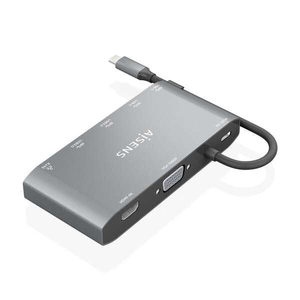 AISENS - USB-C Dock 8 en 1  USB-C a 1xHDMI  1xVGA  1xRJ45  2xUSB-A  2xUSB-C 5G  1xUSB-C PD  Gris  20 cm