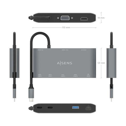 AISENS - USB-C Dock 8 en 1  USB-C a 1xHDMI  1xVGA  1xRJ45  2xUSB-A  2xUSB-C 5G  1xUSB-C PD  Gris  20 cm